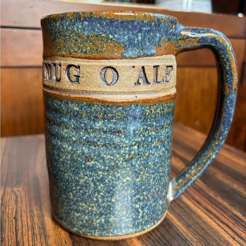 Handcrafted Large Mug-O-Ale Rustic Ceramic Blue Brown Beer Mug Textured‎ Design